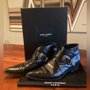 Yves Saint Laurent Black Boots with Western Style Buckles.